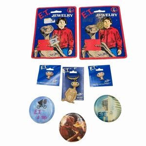 Vtg 1982 E.T. The Extra-Terrestrial Jewelry Buttons Pin Necklace Keychain ET NOS